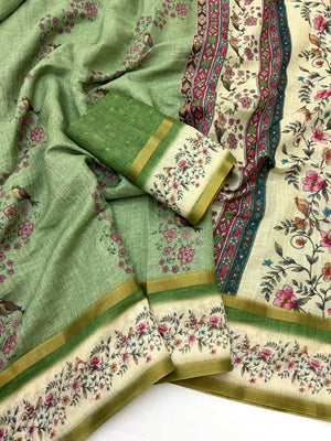 Graceful Green Floral Digital Print Linen Cotton Saree With Artistic Zari Border Work - Image 2