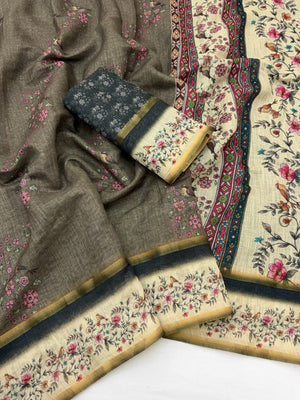 Graceful Grey Floral Digital Print Linen Cotton Saree With Artistic Zari Border Work - Image 2