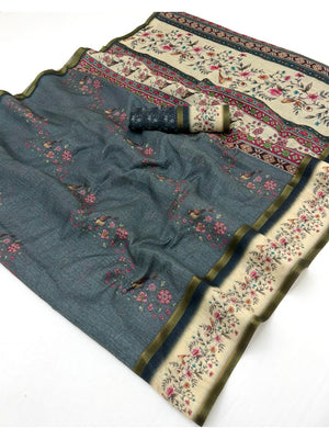 Graceful Slate Grey Floral Digital Print Linen Cotton Saree With Artistic Zari Border Work - Image 1