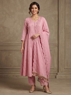  Pink Mulmul Cotton a-line Kurta Set with Dupatta with beads & Thread work - Image 1