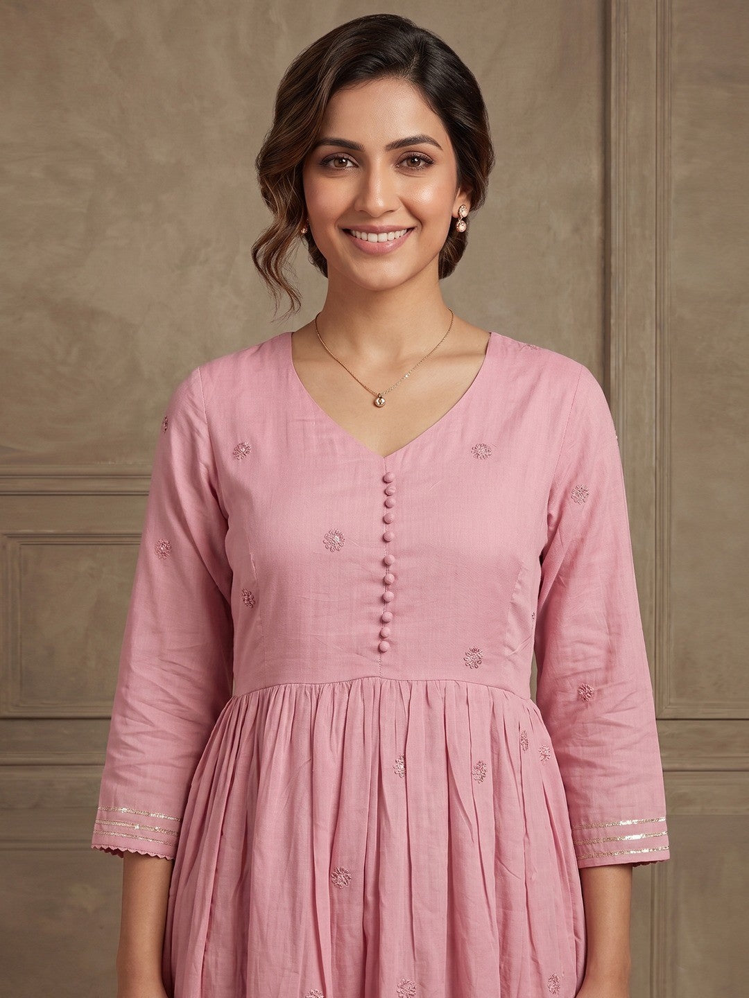  Pink Mulmul Cotton a-line Kurta Set with Dupatta with beads & Thread work - Image 4
