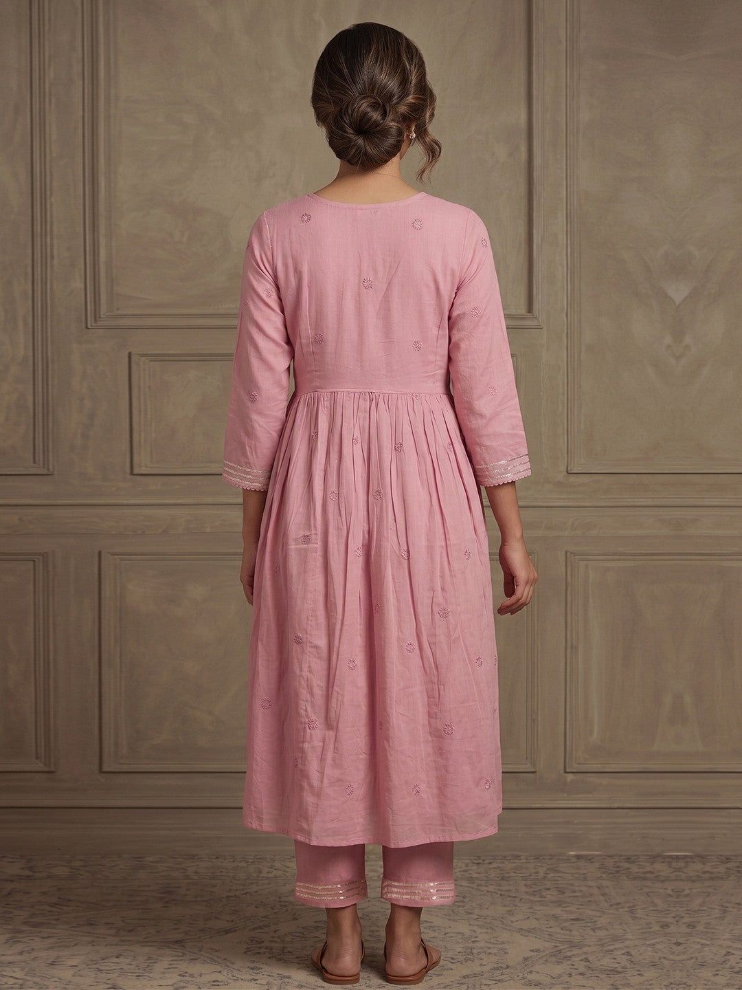  Pink Mulmul Cotton a-line Kurta Set with Dupatta with beads & Thread work - Image 3