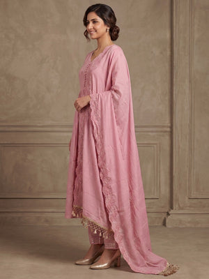  Pink Mulmul Cotton a-line Kurta Set with Dupatta with beads & Thread work - Image 2
