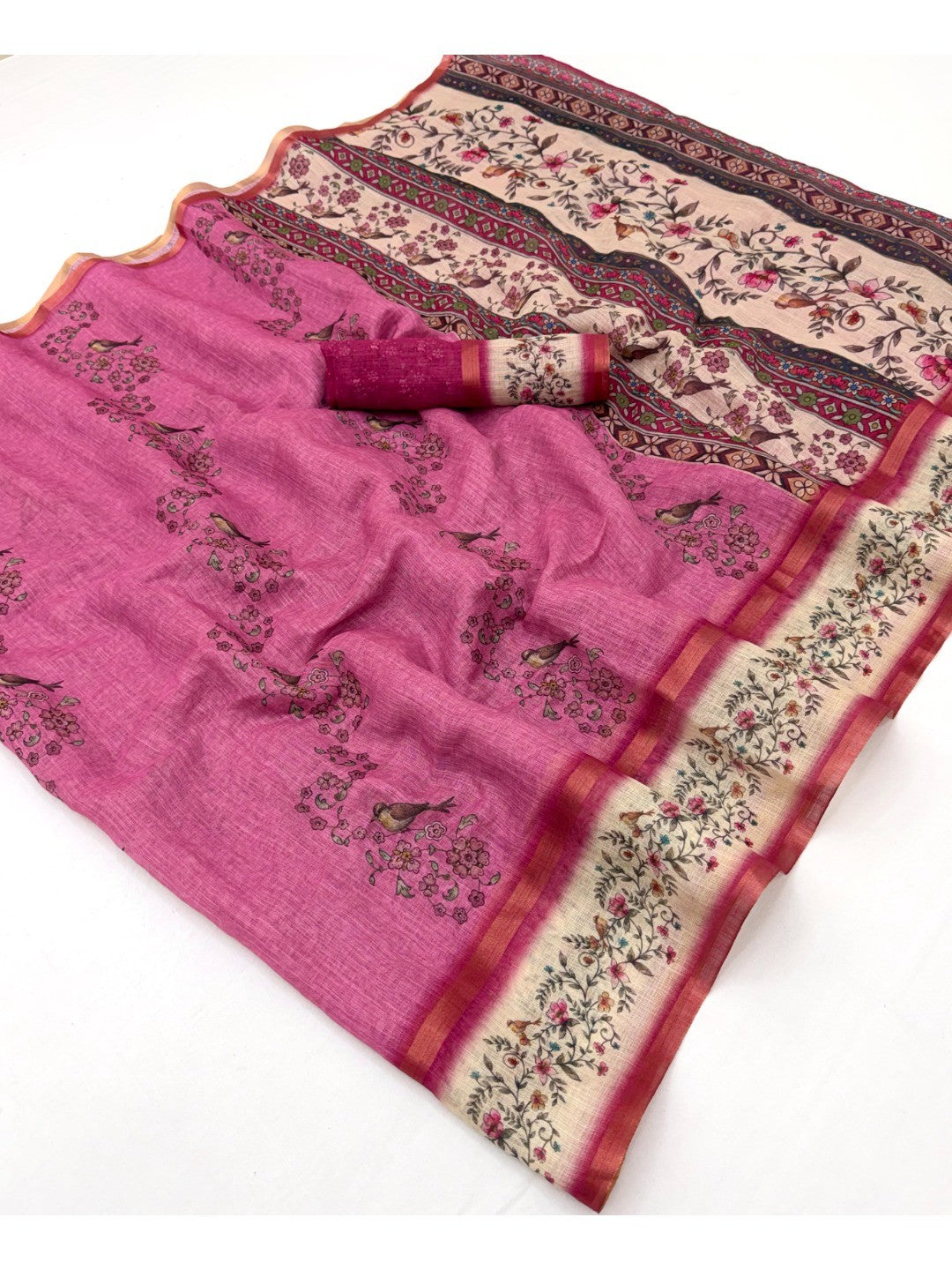 Graceful Pink Floral Digital Print Linen Cotton Saree With Artistic Zari Border Work - Image 1