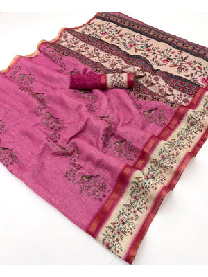 Graceful Pink Floral Digital Print Linen Cotton Saree With Artistic Zari Border Work - Image 1
