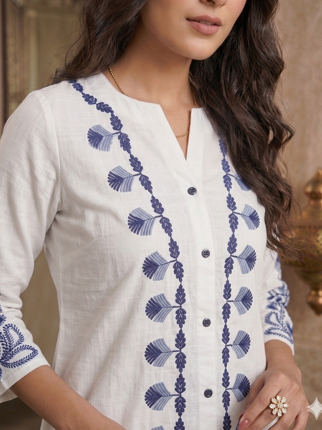 White Linen Thread Work Top Bottom Set Modern Minimal Ethnic Style - Image 4