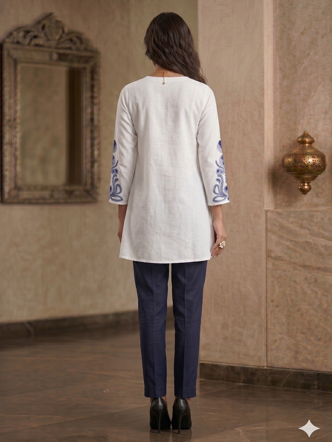 White Linen Thread Work Top Bottom Set Modern Minimal Ethnic Style - Image 3