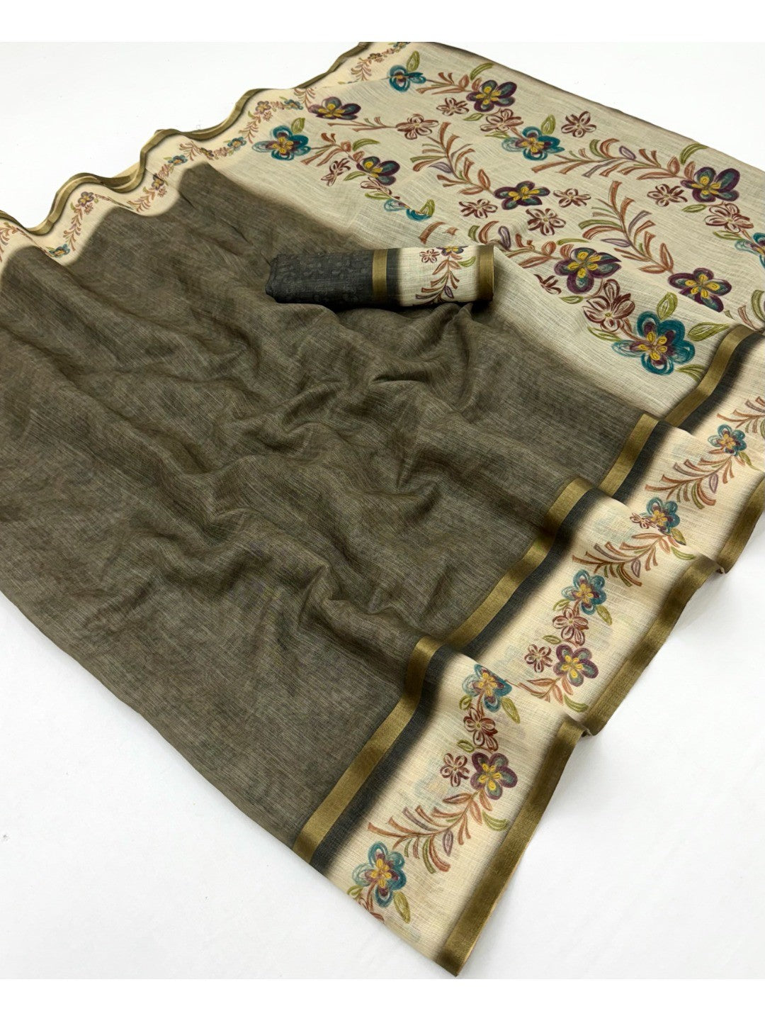 Blossom Grace Grey Floral Digital Printed Linen Cotton Saree Featuring Zari Border Work - Image 1
