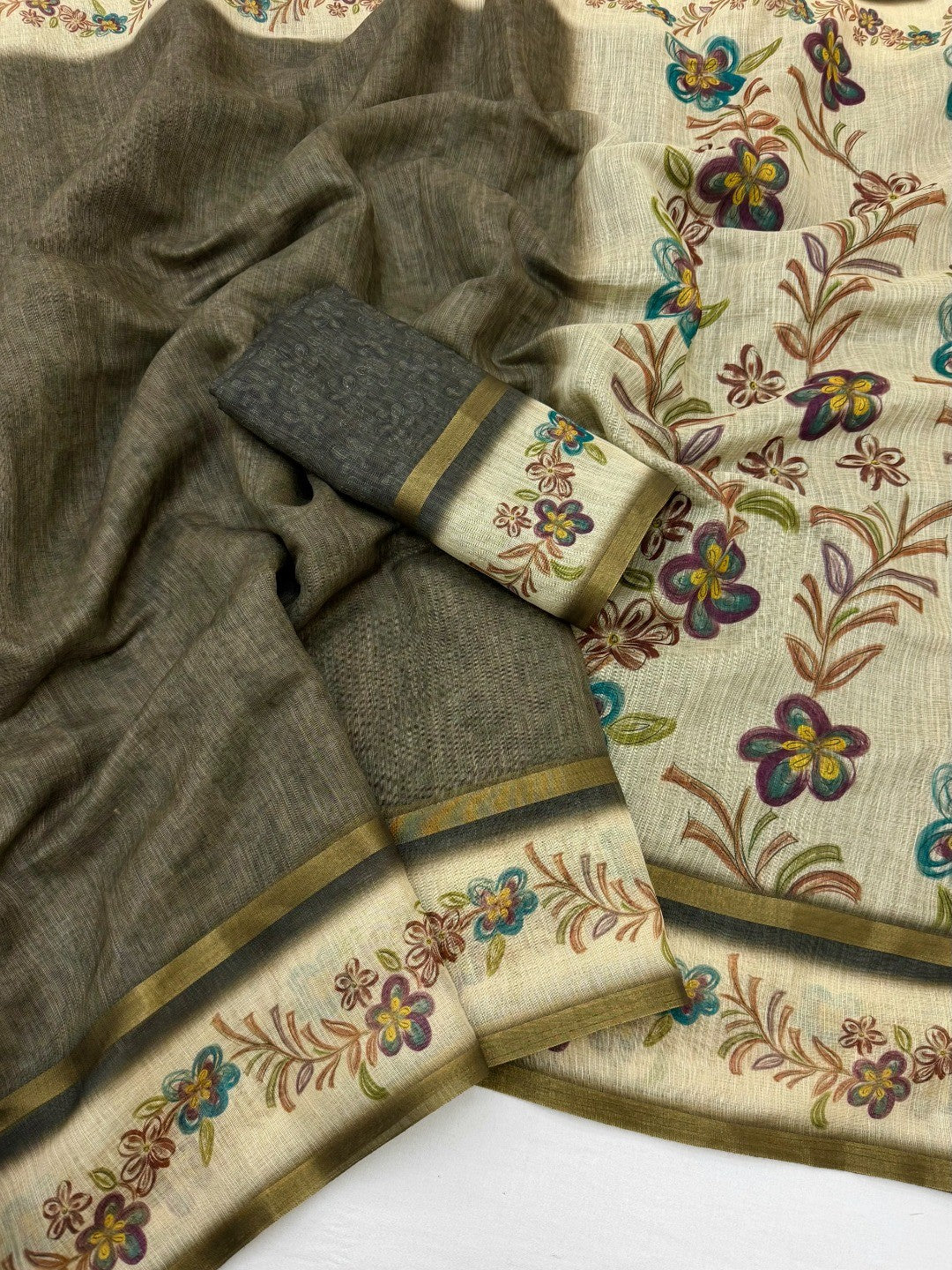 Blossom Grace Grey Floral Digital Printed Linen Cotton Saree Featuring Zari Border Work - Image 2