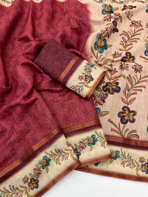 Blossom Grace Maroon Floral Digital Printed Linen Cotton Saree Featuring Zari Border Work - Image 2
