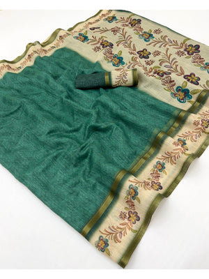 Blossom Grace Rama Green Floral Digital Printed Linen Cotton Saree Featuring Zari Border Work - Image 1