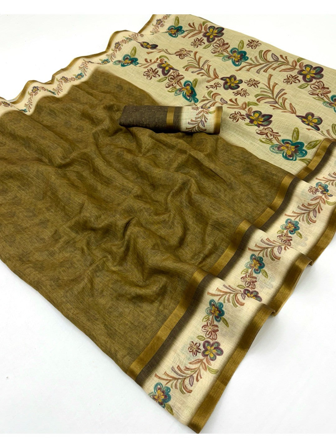 Blossom Grace Mehendi Green Floral Digital Printed Linen Cotton Saree Featuring Zari Border Work - Image 1