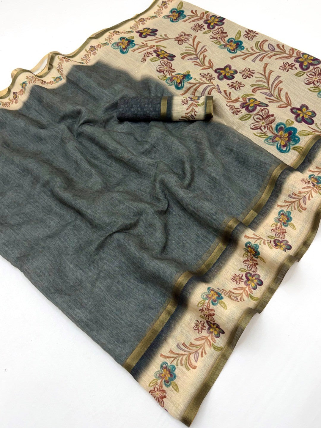 Blossom Grace Grey Floral Digital Printed Linen Cotton Saree Featuring Zari Border Work - Image 1