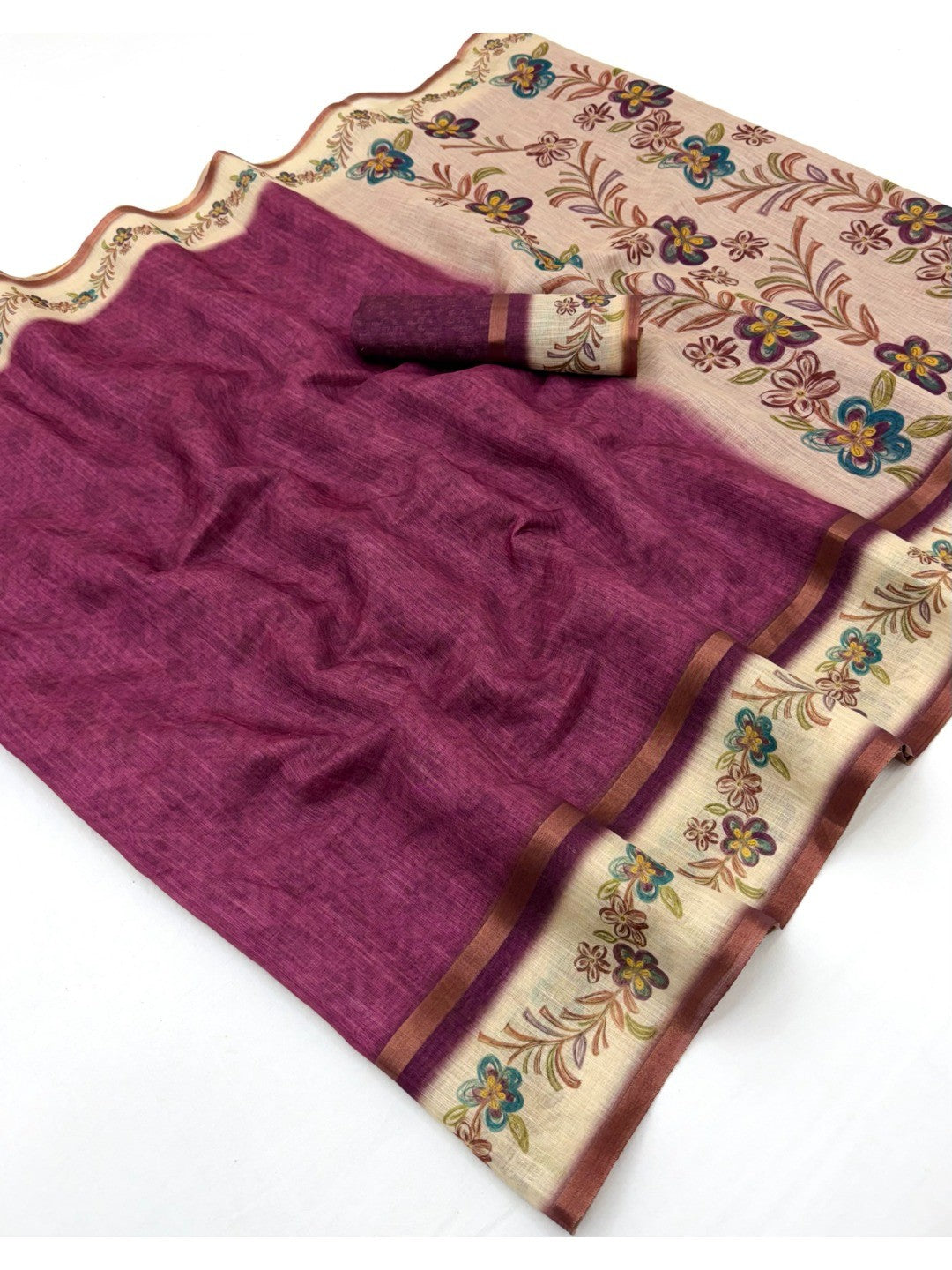 Blossom Grace Magenta Floral Digital Printed Linen Cotton Saree Featuring Zari Border Work  - Image 1