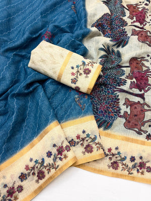 Charming Blue Floral Digital Printed Linen Saree With Intricate Zari Weaving Work - Image 2