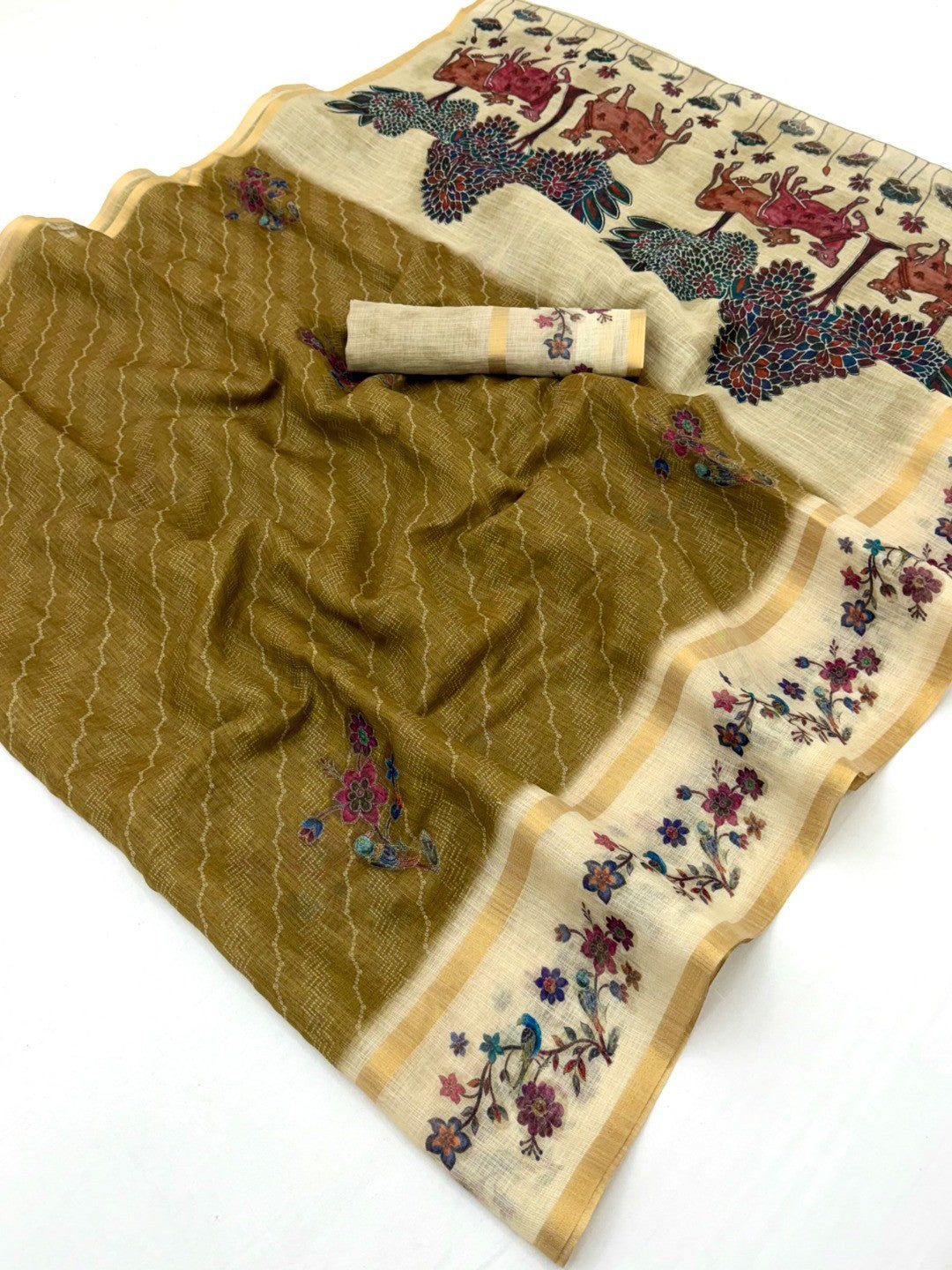 Charming Dark Mustard Floral Digital Printed Linen Saree With Intricate Zari Weaving Work - Image 1