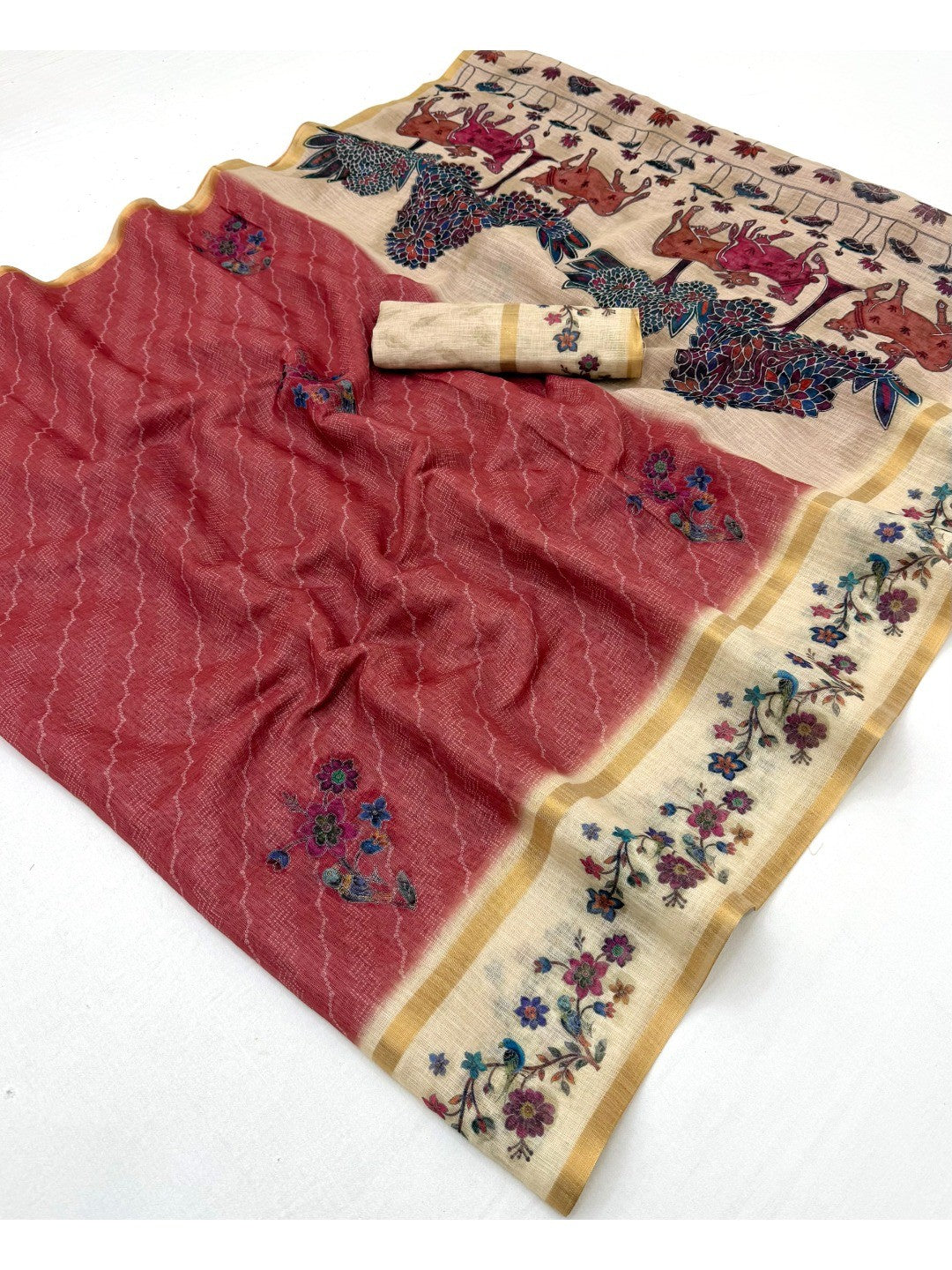 Charming Red Floral Digital Printed Linen Saree With Intricate Zari Weaving Work - Image 1