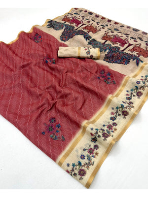 Charming Red Floral Digital Printed Linen Saree With Intricate Zari Weaving Work - Image 1