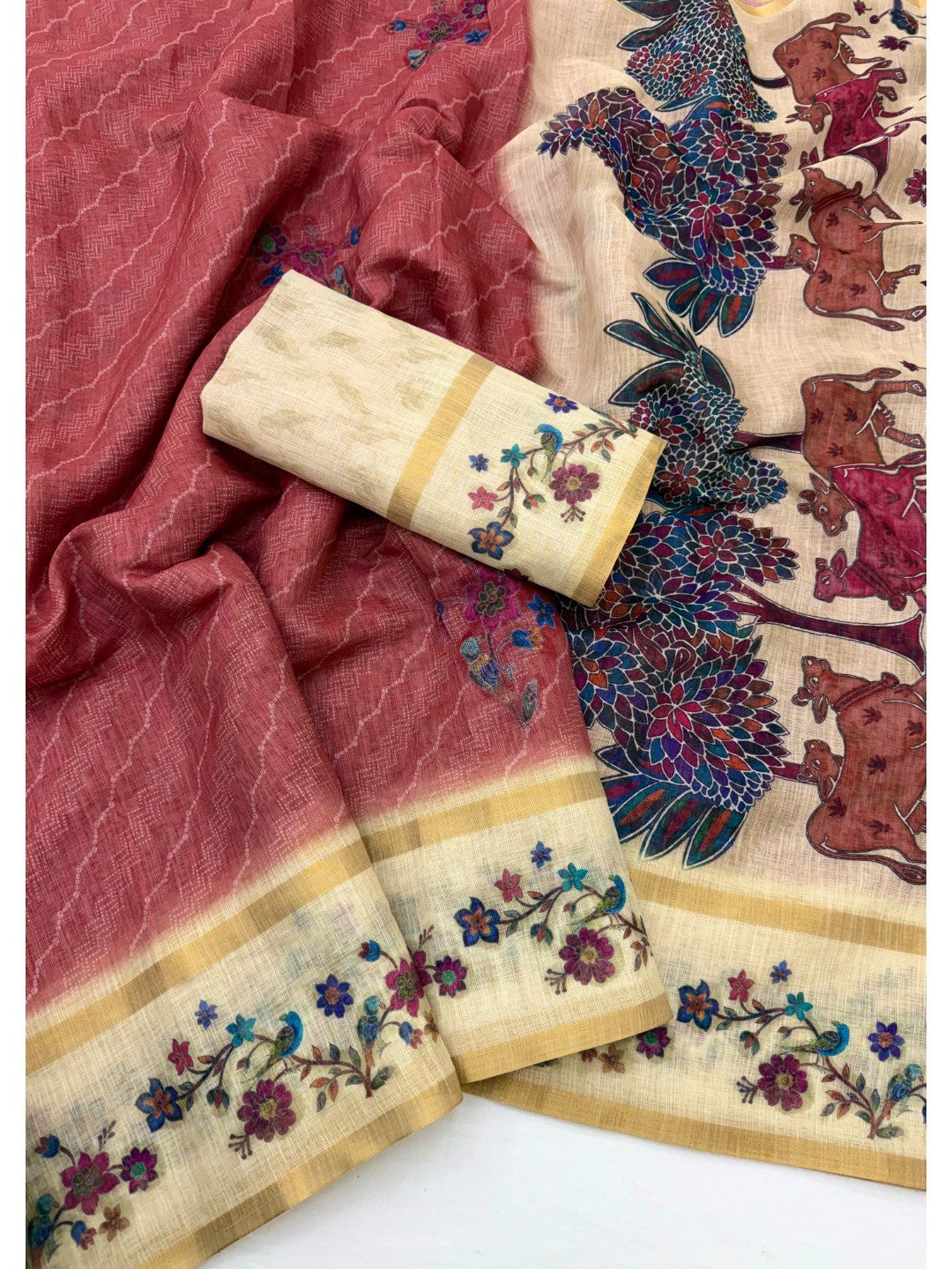 Charming Red Floral Digital Printed Linen Saree With Intricate Zari Weaving Work - Image 2