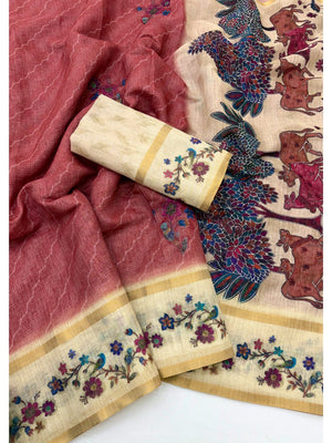 Charming Red Floral Digital Printed Linen Saree With Intricate Zari Weaving Work - Image 2