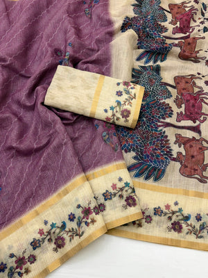 Charming Mavue Floral Digital Printed Linen Saree With Intricate Zari Weaving Work - Image 2