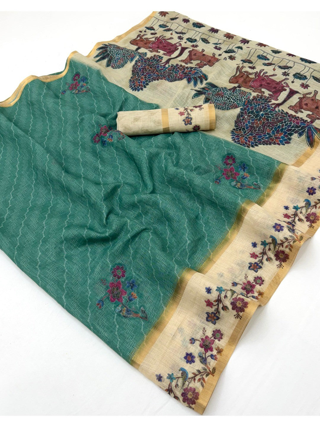 Charming Rama Green Floral Digital Printed Linen Saree With Intricate Zari Weaving Work - Image 1