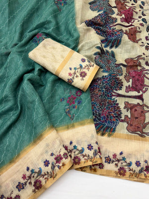 Charming Rama Green Floral Digital Printed Linen Saree With Intricate Zari Weaving Work - Image 2