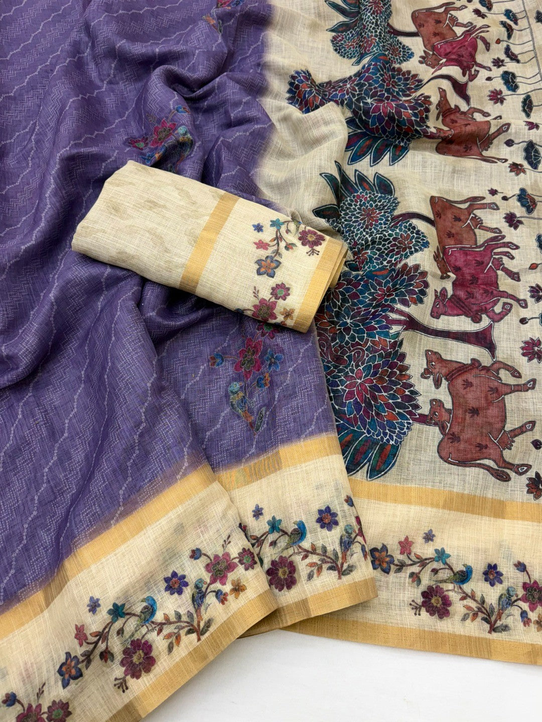 Charming Lavender Floral Digital Printed Linen Saree With Intricate Zari Weaving Work - Image 2