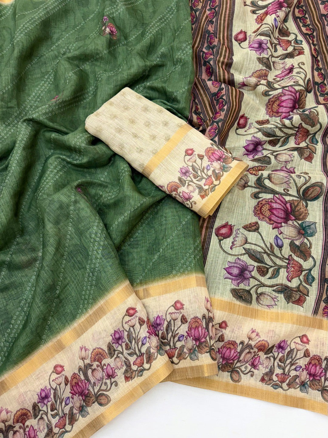 Classic Green Floral & Bandhani Digital Printed Linen Cotton Saree With Zari Border - Image 2