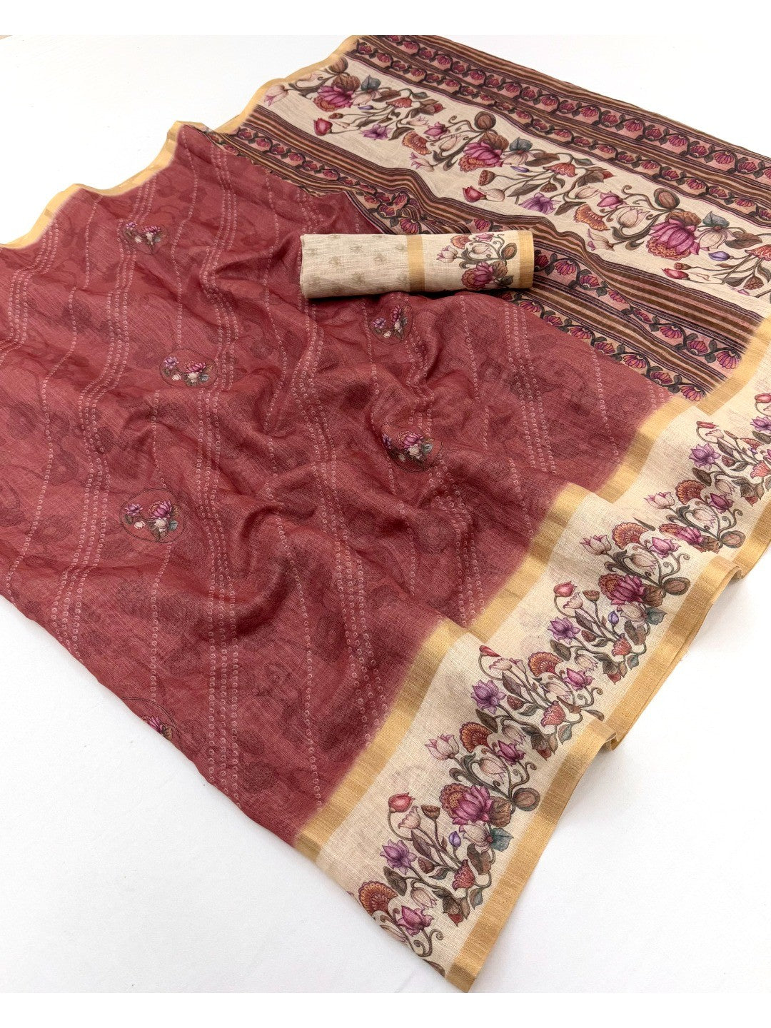 Classic Brick Red Floral & Bandhani Digital Printed Linen Cotton Saree With Zari Border - Image 1
