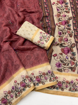 Classic Brick Red Floral & Bandhani Digital Printed Linen Cotton Saree With Zari Border - Image 2