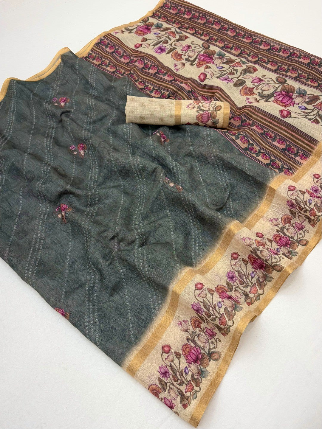 Classic Steel Grey Floral & Bandhani Digital Printed Linen Cotton Saree With Zari Border - Image 1