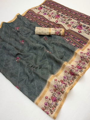 Classic Steel Grey Floral & Bandhani Digital Printed Linen Cotton Saree With Zari Border - Image 1