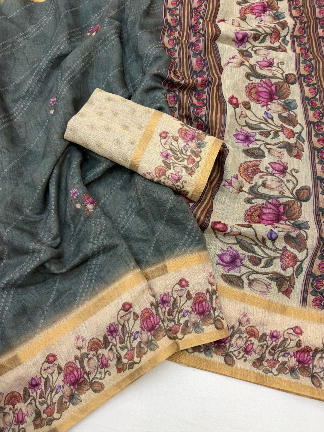 Classic Steel Grey Floral & Bandhani Digital Printed Linen Cotton Saree With Zari Border - Image 2