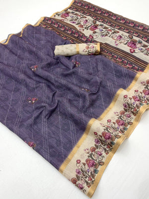 Classic Lavender Floral & Bandhani Digital Printed Linen Cotton Saree With Zari Border - Image 1