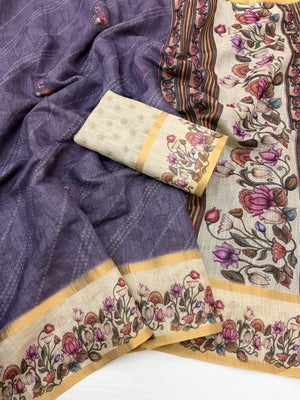 Classic Lavender Floral & Bandhani Digital Printed Linen Cotton Saree With Zari Border - Image 2