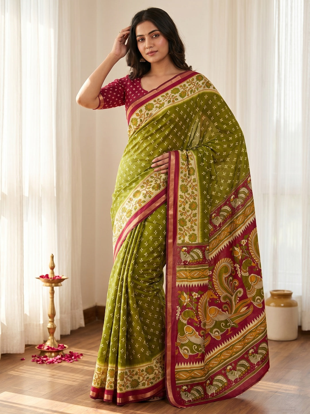 Elegant Green Viscose Saree with Fancy Print and Zari Border - Image 1