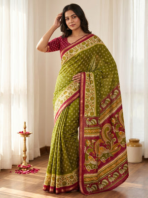 Elegant Green Viscose Saree with Fancy Print and Zari Border - Image 1