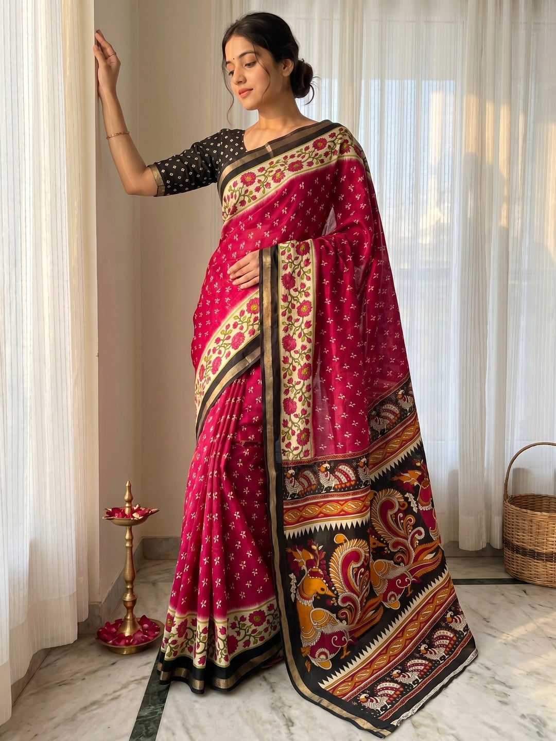 Elegant Pink Viscose Saree with Fancy Print and Zari Border - Image 1