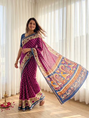 Elegant Purple Viscose Saree with Fancy Print and Zari Border - Image 1