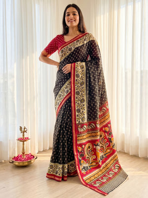 Elegant Black Viscose Saree with Kalamkari Print and Zari Border - Image 1