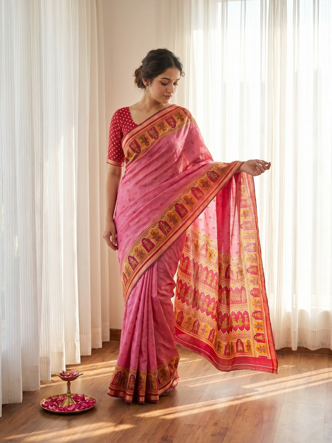 Elegant Pink Viscose Saree with Fancy Print and Zari Border - Image 1