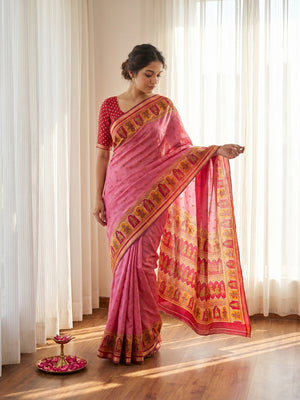 Elegant Pink Viscose Saree with Fancy Print and Zari Border - Image 1