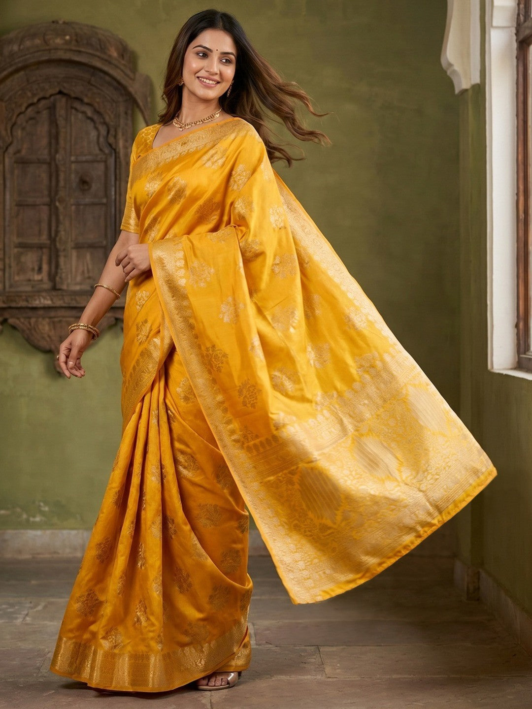 Stylish Mustard Crepe Saree with Floral Zari Work Elegant Occasion Wear - Image 1