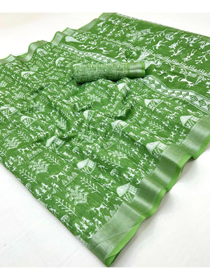 Traditional Green Warli Tribal Digital Print Linen Cotton Saree Embellished With Zari Border - Image 1