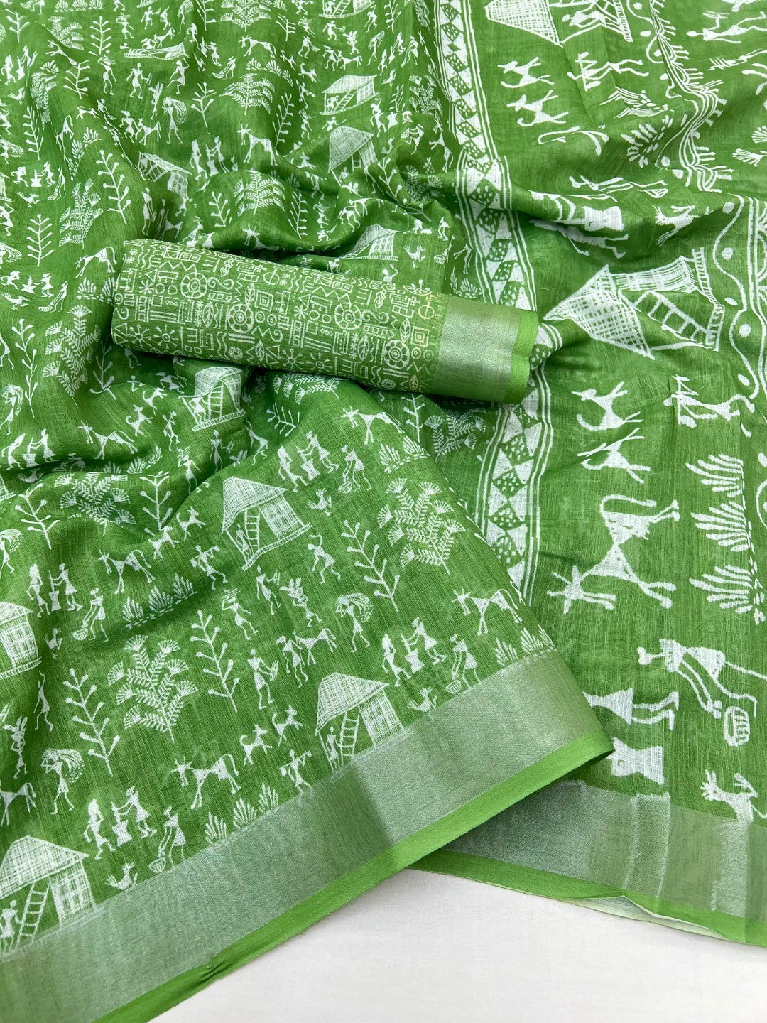 Traditional Green Warli Tribal Digital Print Linen Cotton Saree Embellished With Zari Border - Image 2