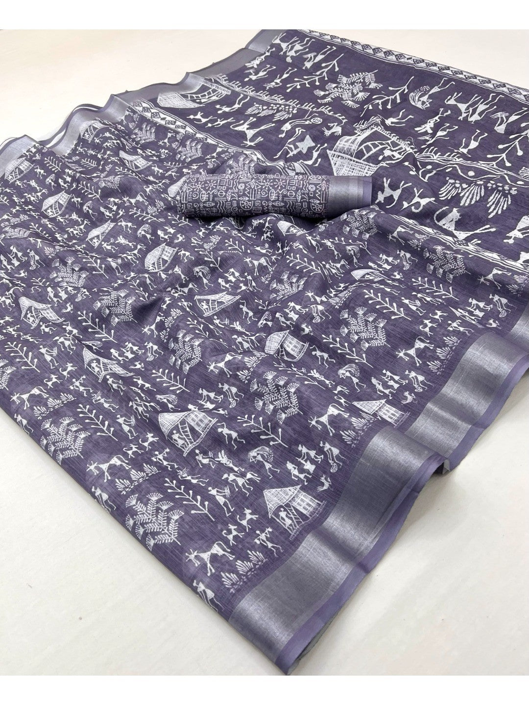 Traditional Lavender Warli Tribal Digital Print Linen Cotton Saree Embellished With Zari Border - Image 1