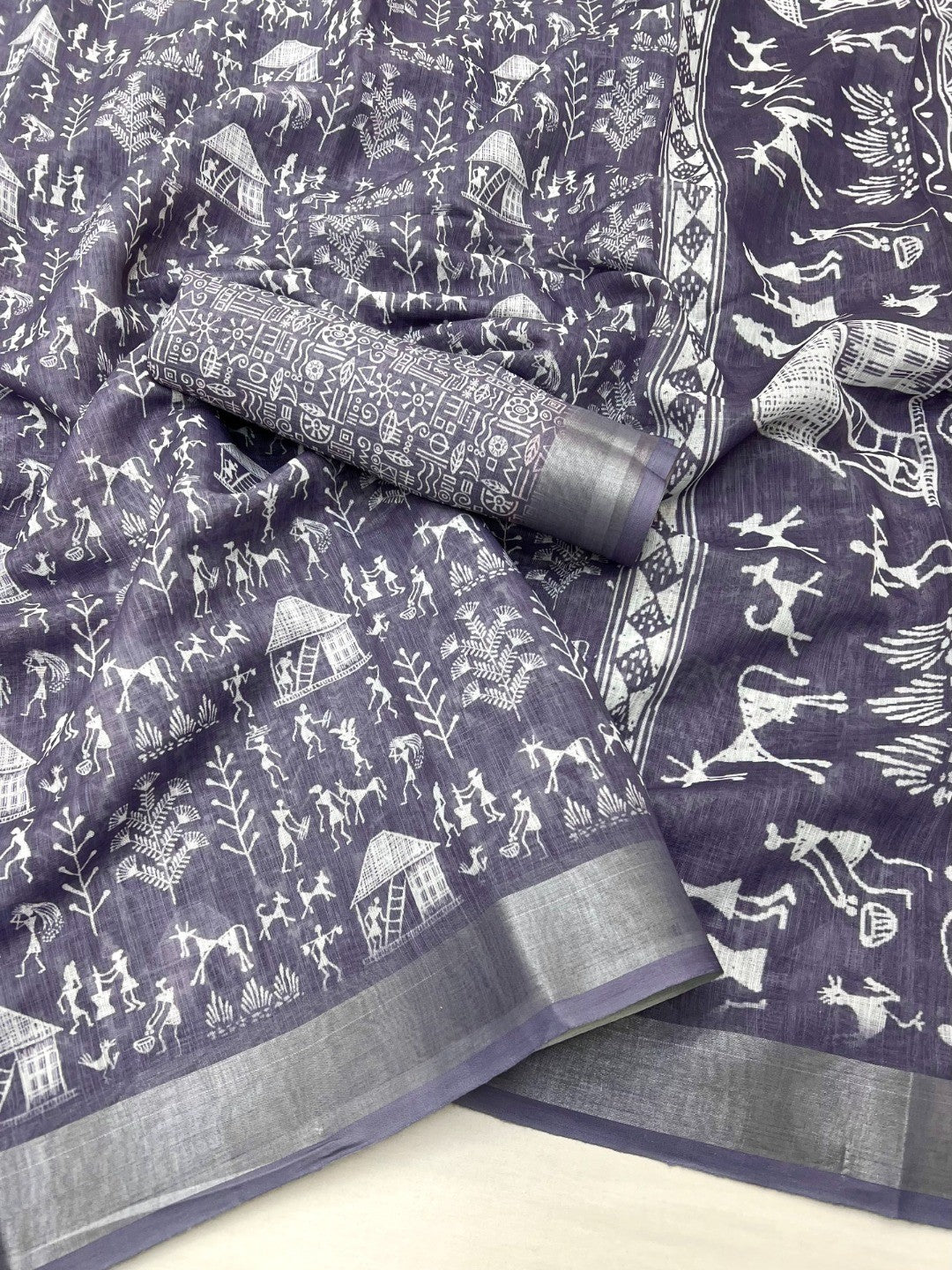 Traditional Lavender Warli Tribal Digital Print Linen Cotton Saree Embellished With Zari Border - Image 2