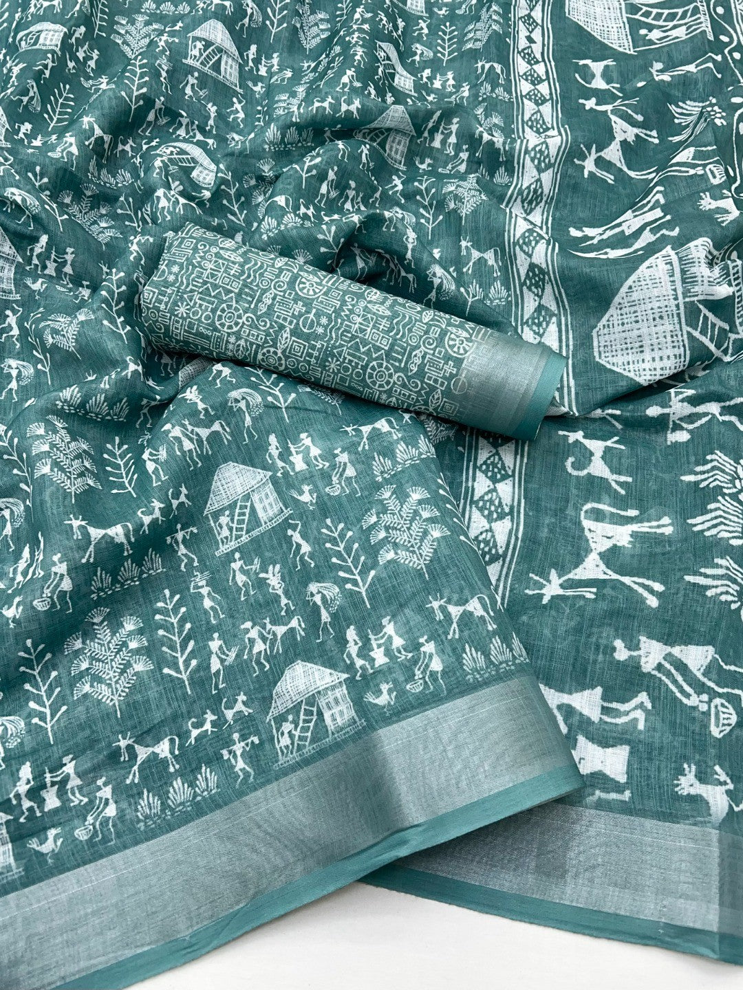 Traditional Sage Blue Warli Tribal Digital Print Linen Cotton Saree Embellished With Zari Border - Image 2