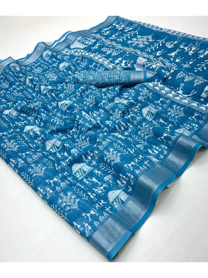 Traditional Blue Warli Tribal Digital Print Linen Cotton Saree Embellished With Zari Border - Image 1